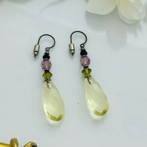 Delicate Yellow Crystal Drop Earrings with Purple and Olive Accents